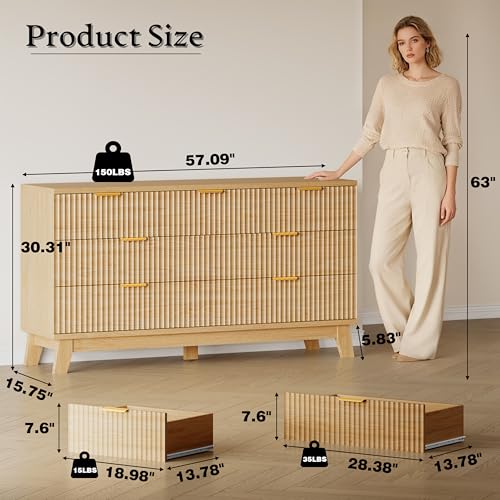 Image of BORNOON 57 inch Long Dresser for Bedroom, 7-Drawer Fluted Chest, Wide Wood Storage Dresser with Metal Slides and Handles, Stable Base, Modern Clothes Organizer for Primary Suite, Guest Room, Nursery