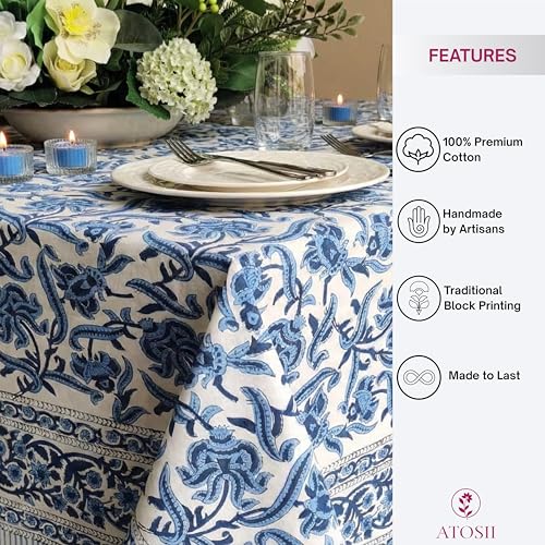 ATOSII Cotton Blockprint Rectangle Table Cloth, Midnight Bloom, 90" X 60" by ATOSII - Used condition - Image 2