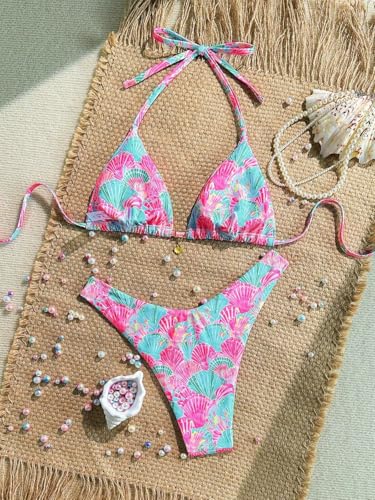 Women's Floral Plants Print Bathing Suit High Waisted Halter Boho Swimsuit Bikini Set2