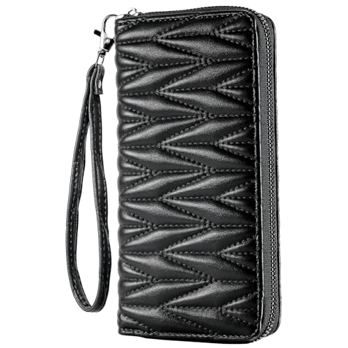 Women's PU Leather Wristlet Wallet with Mobile Phone Pocket - 8 Card Slots, Slim Design, Comes with Gift Box - Stylish Diffractive Diamante Pattern (Black)