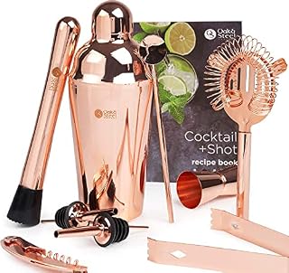 Oak & Steel - 10 Piece Rose Gold Cocktail Set, Stainless Steel Bar Tools with Recipe Book, Includes 550ml Shaker, Cocktail Making Kit