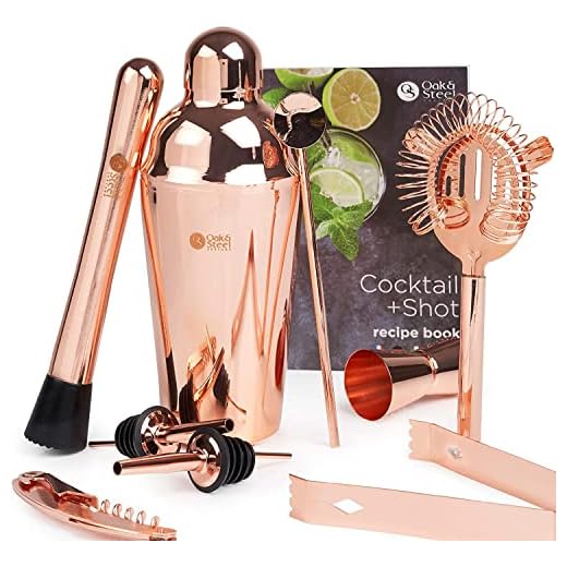 Oak and Steel - Juego de 2 10 piezas de cobre (oro rosa) + recetas de cócteles – Juego completo de bar – Alta calidad acero inoxidable kit de barman en caja de regalo elegante