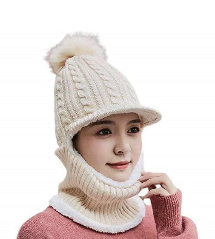 Women Winter Hat Monkey Beanie Cap Knit Balaclava Capset | Soft Wool Woolen Fuzzy Plush Skull Cap Windproof Full Face Cover Earflap Hood Nech Warmer Hat Beige-image-24