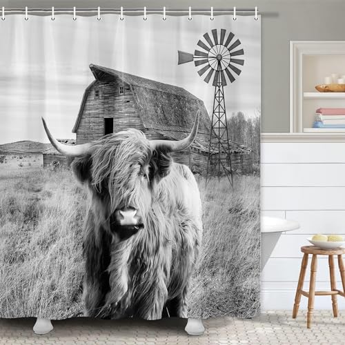 Farmhouse Highland Grey Cow Shower Curtain for Bathroom, Rustic Funny Western Wildlife Shower Curtains, Vintage Windmill Western Country Restroom Bathtub Curtain Set Decor Accessories with Hooks 72X72 -  JAWO
