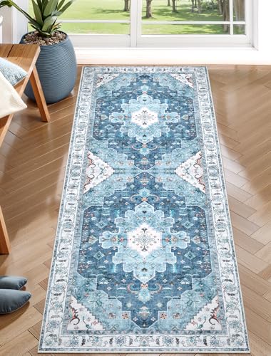 SERISSA Boho Washable Runner Rug, 2x5 Rug Non-Slip Vintage Blue Hallway Kitchen Runner Rug Ultra Soft Print Distressed Floor Carpet for Bedroom Bathroom Laundry Living Room