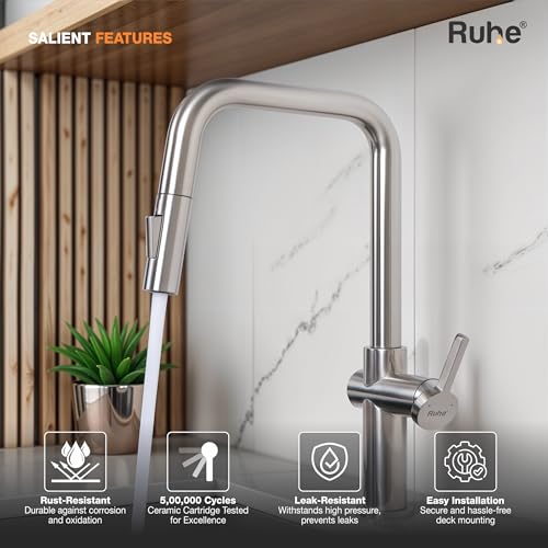 Image of Ruhe Opulo Dual Flow Pull-out Kitchen Mixer Faucet - Brushed Nickel | 360 Swivel | Hot & Cold Water Faucet | Single Lever Tap | Table Mounted Kitchen Sink Tap