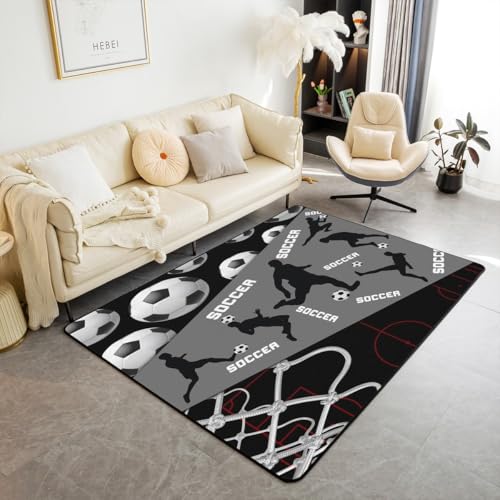 Soccer Area Rug for Kids Boys Teens,Grey and Black American Soccer Carpet 5x7,Gift for Soccer Player Area Rugs,Sports Ball Game Court Net Indoor Floor Mat Home Room Decor