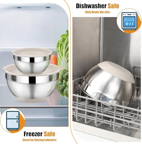 Image of 5-Piece Mixing Bowls with Lids, 3 Grater Attachments, Stainless Steel Salad Bowls for Kitchen, Size 4.6, 3.5, 2.5, 2, 1.5QT Ideal for Baking, Non-Slip Bottoms, Mixing and Serving, Khaki