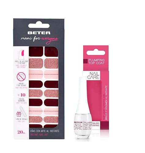 Beter - Kit de Tiras Adhesivas de Esmalte para Aplicar sobre Uñas Naturales - Pack de 20 unidades - Diana + Top Coat