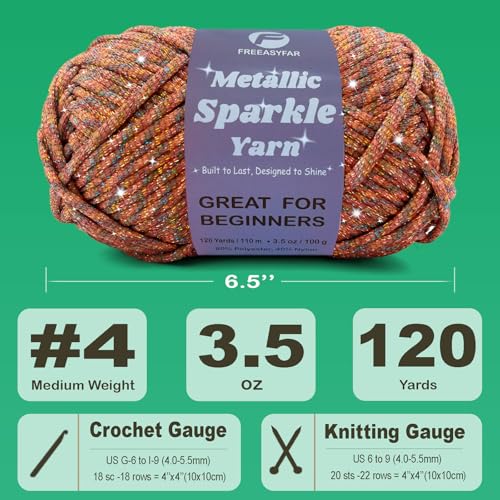 Image of Metallic Sparkle Yarn for Crochet and Knitting with Easy-to-See Stitches, Worsted Weight Medium #4, Beginners Yarn for Amigurumi, Bags, Handmade Gifts, Home Decor (Mandarin, 1 Pack)