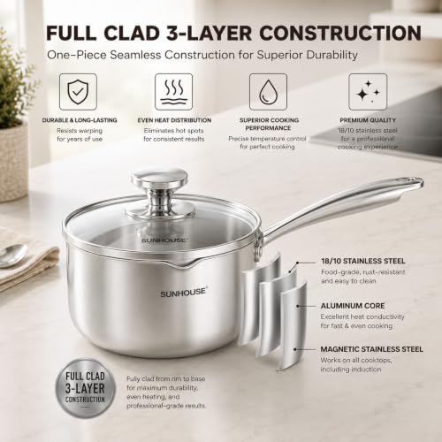 Image of SUNHOUSE 3QT Stainless Steel Saucepan with Pour Spout & Strainer Glass Lid | Tri-Ply Full Clad Stainless Steel Small Sauce Pan for Cooking, Multipurpose Pasta Pot, Dual Pour Spouts, Induction Compatible