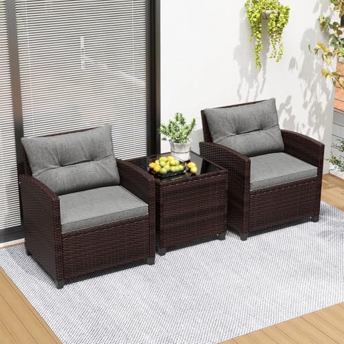 Image of Tangkula 3 Pieces Patio Furniture Set, PE Rattan Wicker 3 Pcs Outdoor Sofa Set w /Washable Cushion and Tempered Glass Tabletop, Conversation Furniture for Garden Poolside Balcony (Grey)
