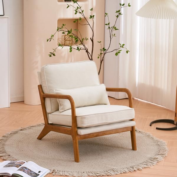 Modern Adult Indoor Lounge Chair, Off-White, Solid Wood Armrest Linen, 65 x 75 x 81 cm(L x W x H), 30.86lbs / 14kg, Reading, Relaxing