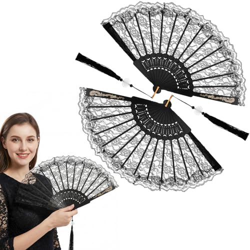 Lot de 2 éventails pliables, noirs, style vintage des années 1920, en dentelle, avec broderie florale, paillettes dorées et glands, pour costume des années...