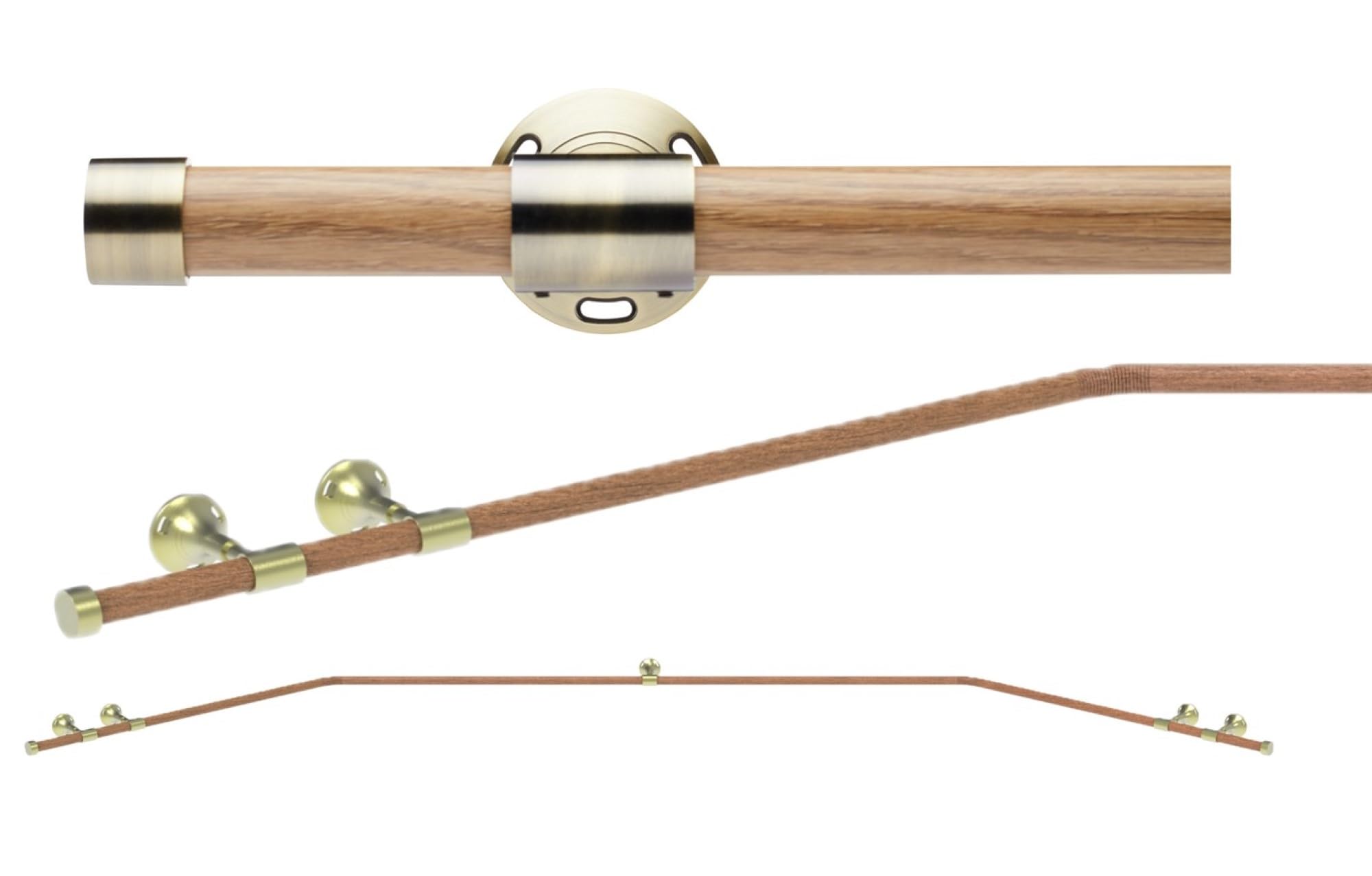 Bay Window Pole, Metal Woodgrain effect 400 cm EYELET Bay window Curtian Pole, with Antique Brass fittings and Stud Finial