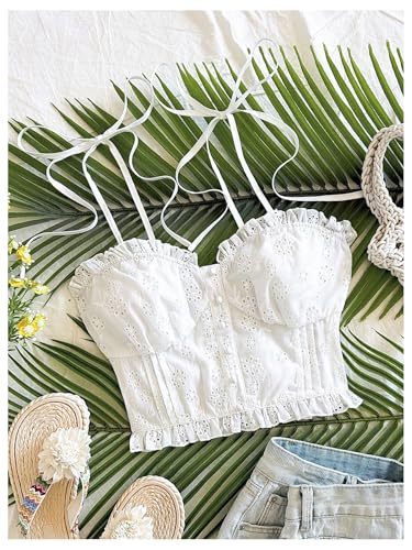 SweatyRocks Women's Tie Shoulder Eyelet Embroidery Crop Top Frilled Button Front Smocked Tops3