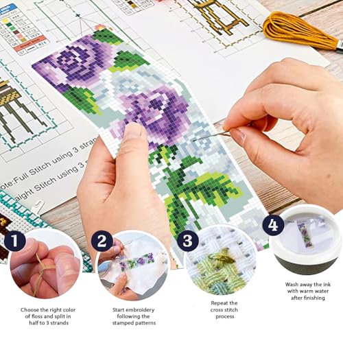 Image of FREEBLOSS 6 Set Cross Stitch Bookmark Kits Purple Rose Pattern Stamped Cross Stitch Kit 11CT Embroidery Kit with Instructions for Beginners 20x6cm /8x2.4inch