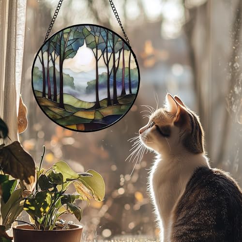 Image of DASTOLL Stained Glass Window Hanging, Green Brown Smoke Forest Moon Suncatcher for Doors Window Home Tree Sun Catchers Decor Mother's Day Birthday Gifts for Women, Men Mom 9.8 in