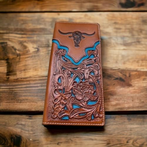 Urbalabs Mens Long Wallet Floral Embossed Longhorn Leather Brown and Teal Soft Leather Checkbook Style Cowboy Hand Crafted High End Mens Wallets Leather Bull Rider Rodeo Concho Gifts For Men2