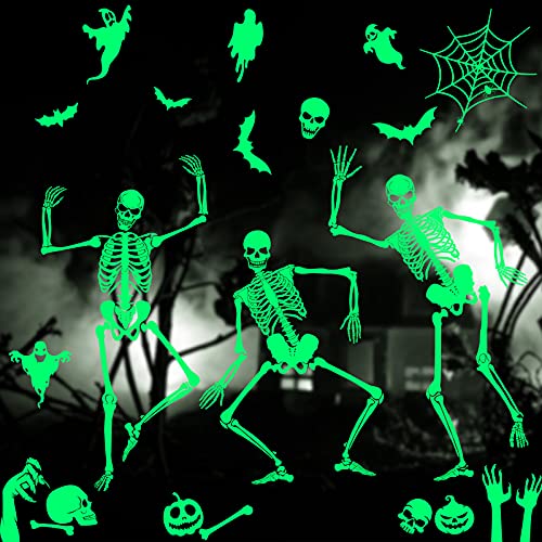 6 Sheets Halloween Glow in the Dark Wall Stickers Luminous Skeleton Stickers Window Clings Halloween Window Stickers Skeleton Wall Decals for Halloween Haunted House Party