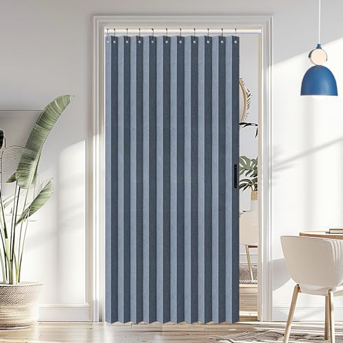 Vatge - Tende per porta, in simil lino, stile soffietto, per armadi aperti, camera da letto e lavanderia, doppia piegatura, 1 pannello con fermatenda, 132 x 198 cm (larghezza x lunghezza), blu