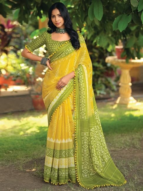 Image of Women's Linen Cotton Blend Saree Multicolor Ikat Brush Print Scalloped Border with Floral Print Unstitched Blouse Piece