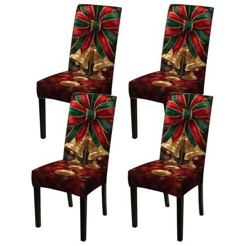 Image of Nuxovilar 4PCS Gold Bell Bow Stretch Chair Covers 23.6x70in | Holiday Slipcover Festive Protector Gold Bell Wrap Seat Guard Dining Room Formal Banquet Event (Golden Bow)
