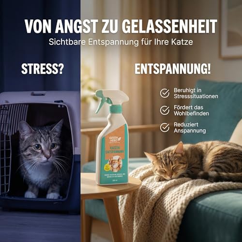 Green Hero Entspannungsspray 500 ml für Katzen enthält beruhigende Duftstoffe wie Baldrian, Lavendel und natürliche Katzenminze für Wohlbefinden und Entspannung