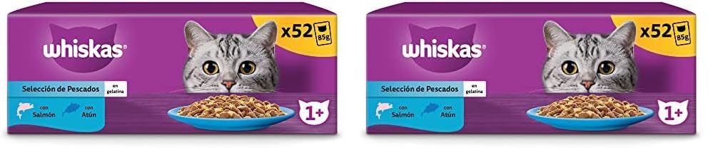 whiskas Comida Húmeda en Gelatina para Gatos Adultos Selección Pescados 13 x 4 bolsitas x 85g (Paquete de 2)