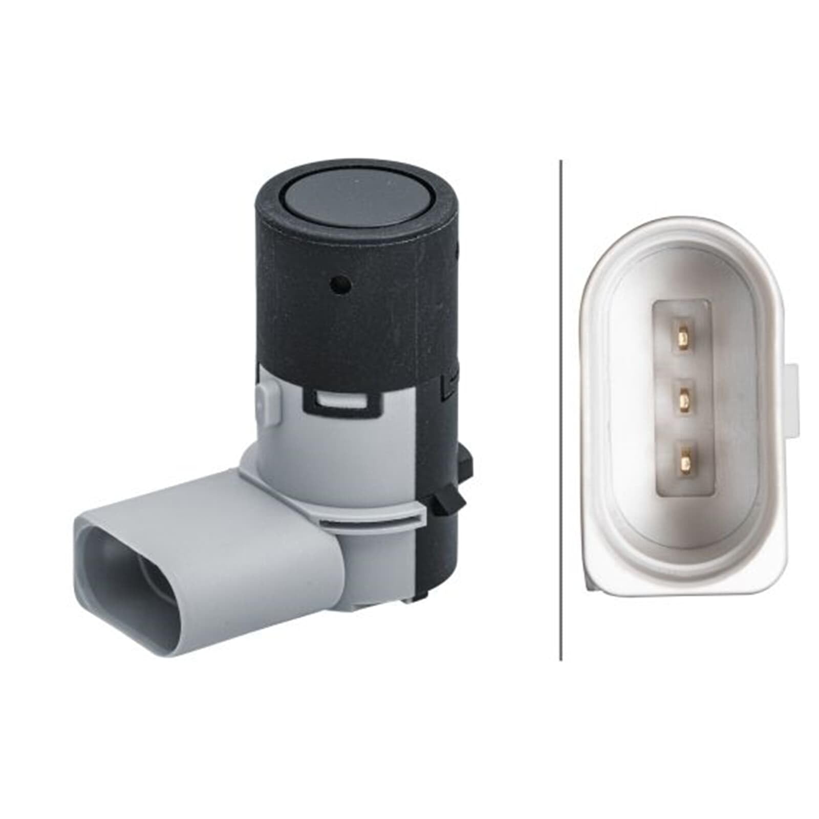 HELLA 6PX 358 141-411 Sensor, auxiliar de aparcamiento - en forma de ángulo - 3polos - enchufado - barnizable