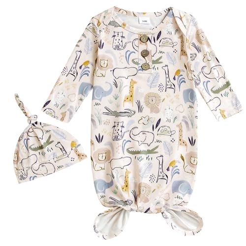 Image of AMAWMW Newborn Baby Boys Girls Cartoon Sleeper Gown Long Sleeve Mountain Nightgown Hat Outfits