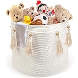 REFORUNG Cesta de Cuerda de Algodón Cesta de Lavandería Tejida Cestas de Baño para Ropa Sucia Cesta de Manta con 2 Asas Cesta para Plantas Interior Cesta para Guardar Juguetes Toallas y Ropa - 28x28cm