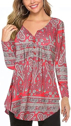Halife Tunic Tops for Women Loose Fit Long Sleeve Business Casual Blouses Flared V Neck Floral Shirts Red xl