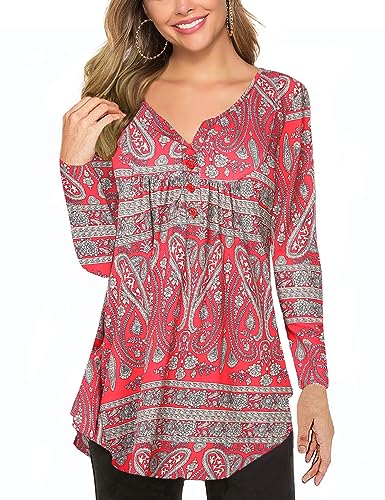 Halife Women's Plus Size Floral Blouse - V-Neck Henley Button Up Tunic Top, Ruffle Detail, Short Sleeve (3X Large, Wine Red) - View #11