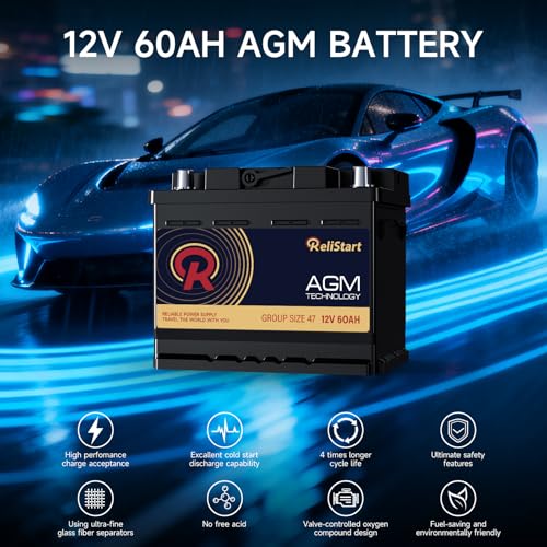 Image of AGM Battery BCI Group 47 (H5) - 12V 60Ah 680CCA Automotive Battery, Deep Cycle Sealed Lead Acid Battery for Start-Stop Vehicles, 105RC High Performance Maintenance-Free Car Battery Brand: Relistart