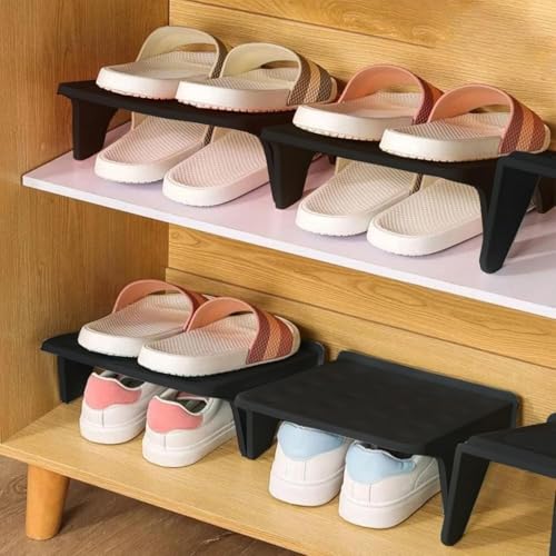 Image of NYALKARAN Plastic Shoe Organizer Stand Space Saver Shoe Storage Rack Double Layer Free Standing Shoe Slipper Stacker (Black, Set of 8)