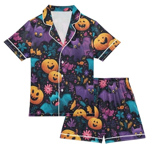 Satin Pajama Sets Short Sleeve Halloween Bats Pumpkins Button Down Silky Nightwear 2 Piece PJS 5-14Y