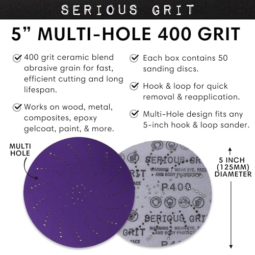 Image of Serious Grit - 5-Inch P400 Grit Ceramic Multi-Hole Sanding Discs - 50 Pack