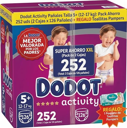 Dodot Activity Pañales Talla 5+, 12-17 kg, Pack 2 Cajas de 126 uds (252 Pañales en Total) + REGALO Toallitas Pampers