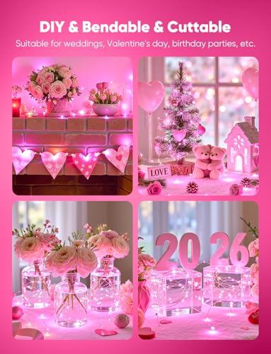 Image of Brightown Valentine's Day 12 Pack Pink Led Fairy Lights Battery Operated String Lights Waterproof Silver Wire 7 Feet 20 Led Firefly Starry Moon Lights for DIY Wedding Party Bedroom