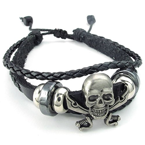 Mendino handgefertigtes Herrenarmband mit Totenkopf und Schwertern, aus Leder, Größe einstellbar