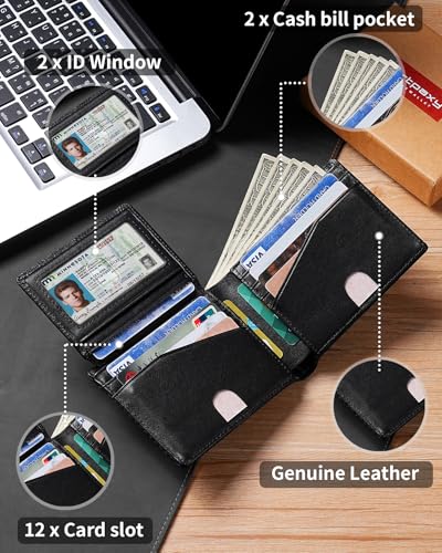 Image of Artpaxy Mens Wallet Bifold Genuine Leather RFID Blocking Wallet for Men with 2 ID Windows 12 Card Holders 2 cash pockets 1 Gift Box