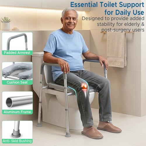 Image of KosmoCare Aluminium Toilet Seat Raiser with Cushioned Seat | Adjustable Toilet Safety Frame with Handles for Elderly & Disabled | Toilet Seat Riser with Armrests | Toilet Safety Rails for Seniors