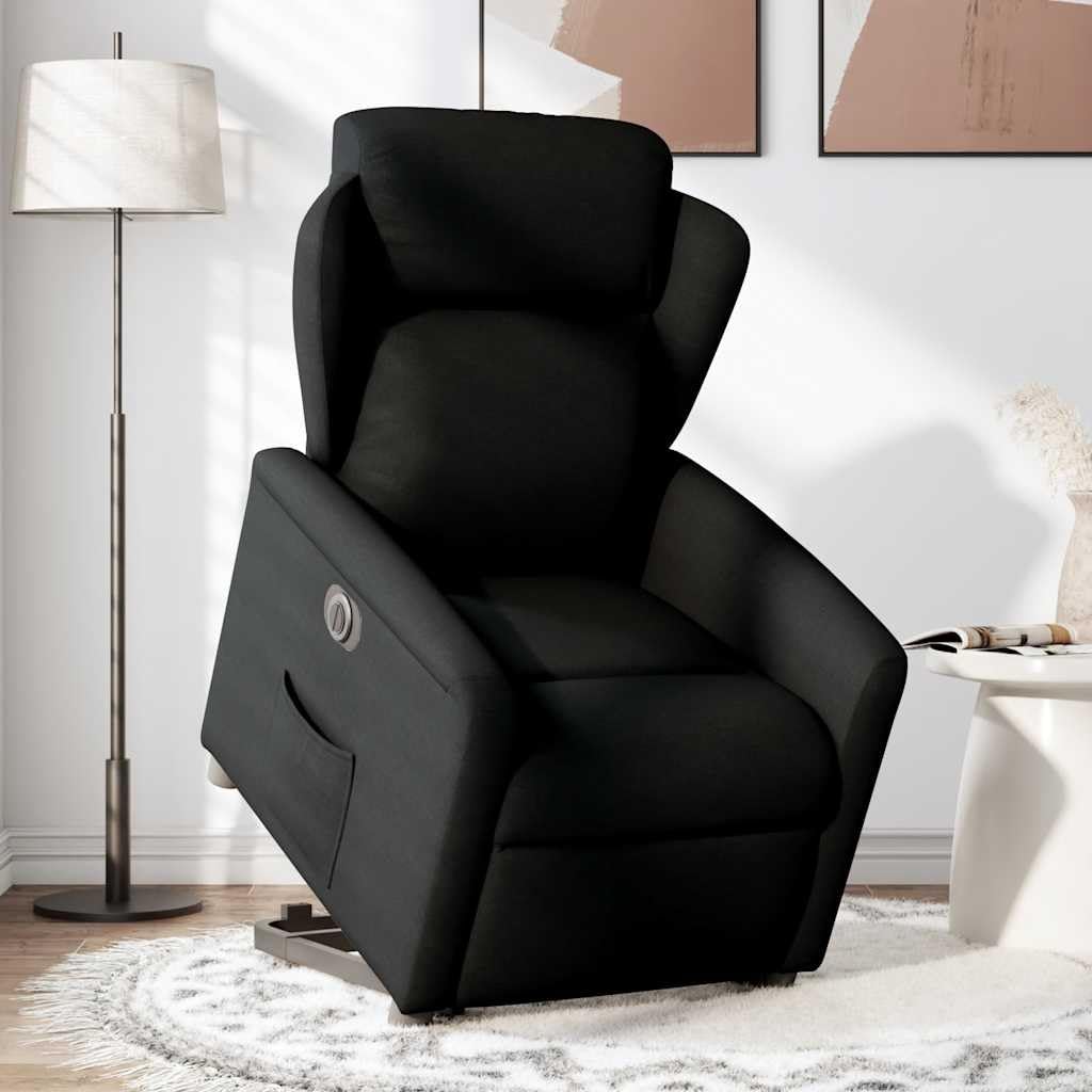 Sillón elevador reclinable eléctrico negro de tela con función de elevación y reclinación automática a 135 grados para un asiento cómodo y estable