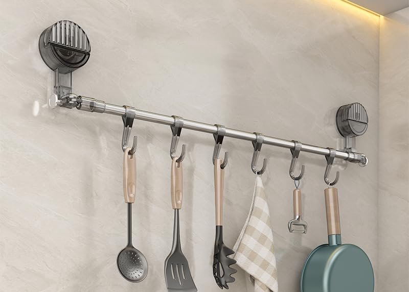 LNGFSH Barra Soportes y Organizadores para Utensilios de Cocina con 6 Ganchos, Tipo De Ventosa Pegamento Longitud Ajustable Aluminio Estante para Utensilios de Cocina (Gris)