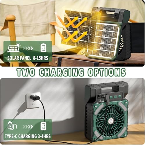 Image of AARKRI SALES Solar Camping Fan with LED 10400mAh Rechargeable Battery Powered Portable Outdoor Fan for Travel Emergency 4 Speeds 3 Brightness Settings USB Power Bank for Phone Charging
