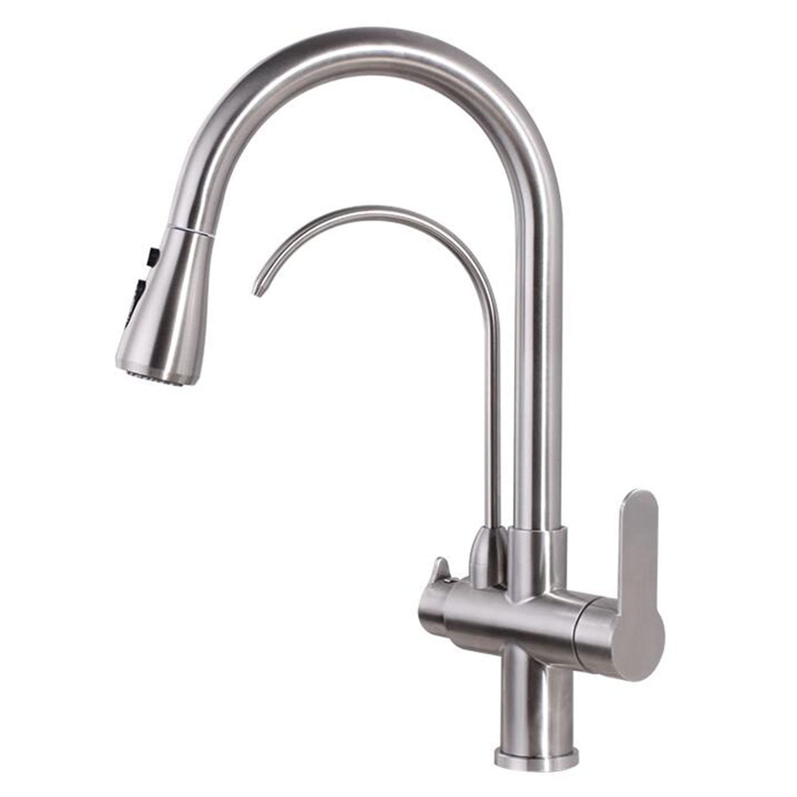 Robinet de cuisine 3 voies pour eau pure et design épuré avec douchette extractible brossée