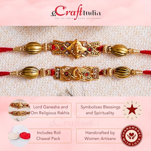 Image of eCraftIndia Set of 2 Lord Ganesha and Om Religious Rakhis, Best Bro Ever Fridge Magnet with Roli Chawal Pack - Rakhi for Brother, Bhaiya, Bhai
