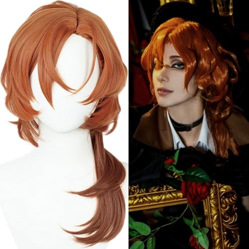 Image of Half and Half Long Curly Orange Brown Anime Cosplay Wig with Bangs Gradient Brown Wave Wigs Synthetic Hair for Women Men Halloween Costume