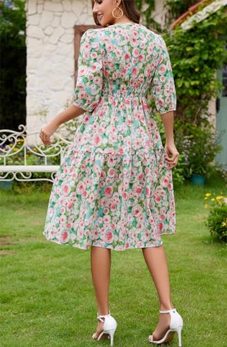 Image of Kormei Women Casual Boho Floral Round Neck 3 /4 Sleeve Smocked Waist Tiered A Line Flowy Swing Midi Dress Long Dresses